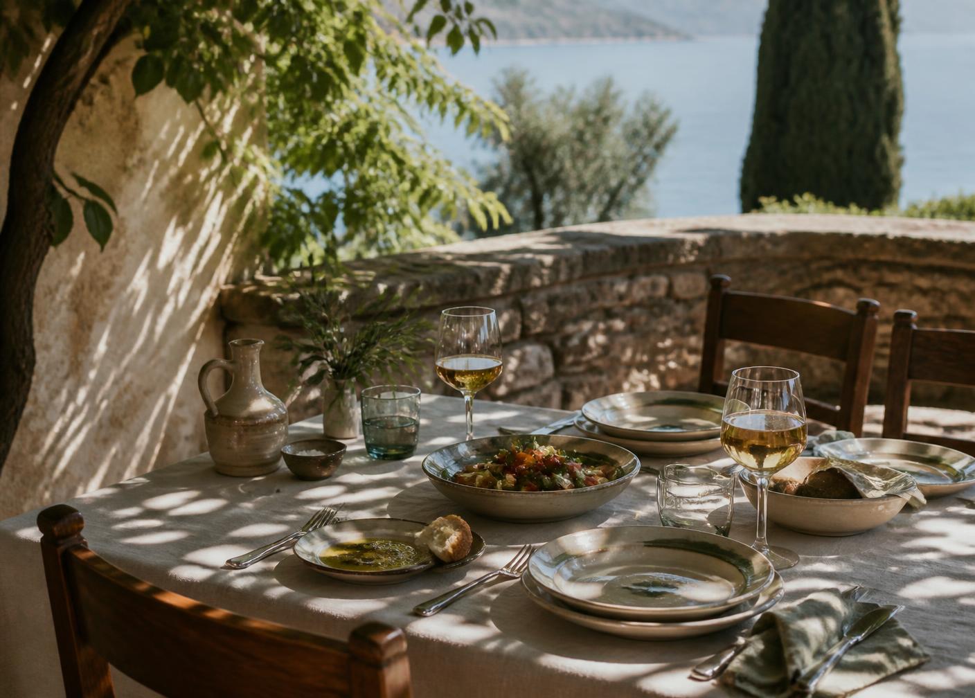 Lunch table set on a shaded Mediterranean terrace
