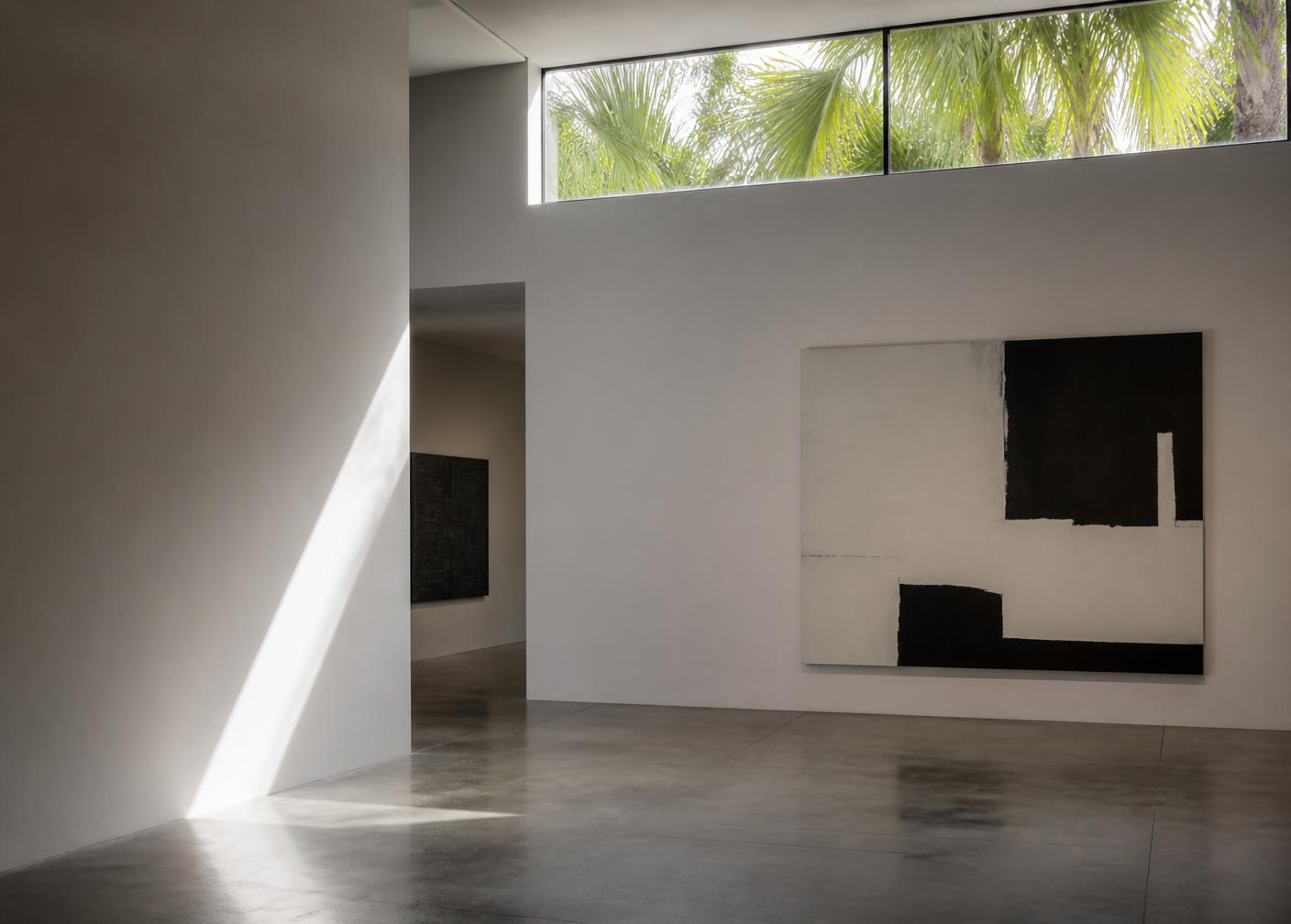 Minimal gallery interior with a large abstract canvas