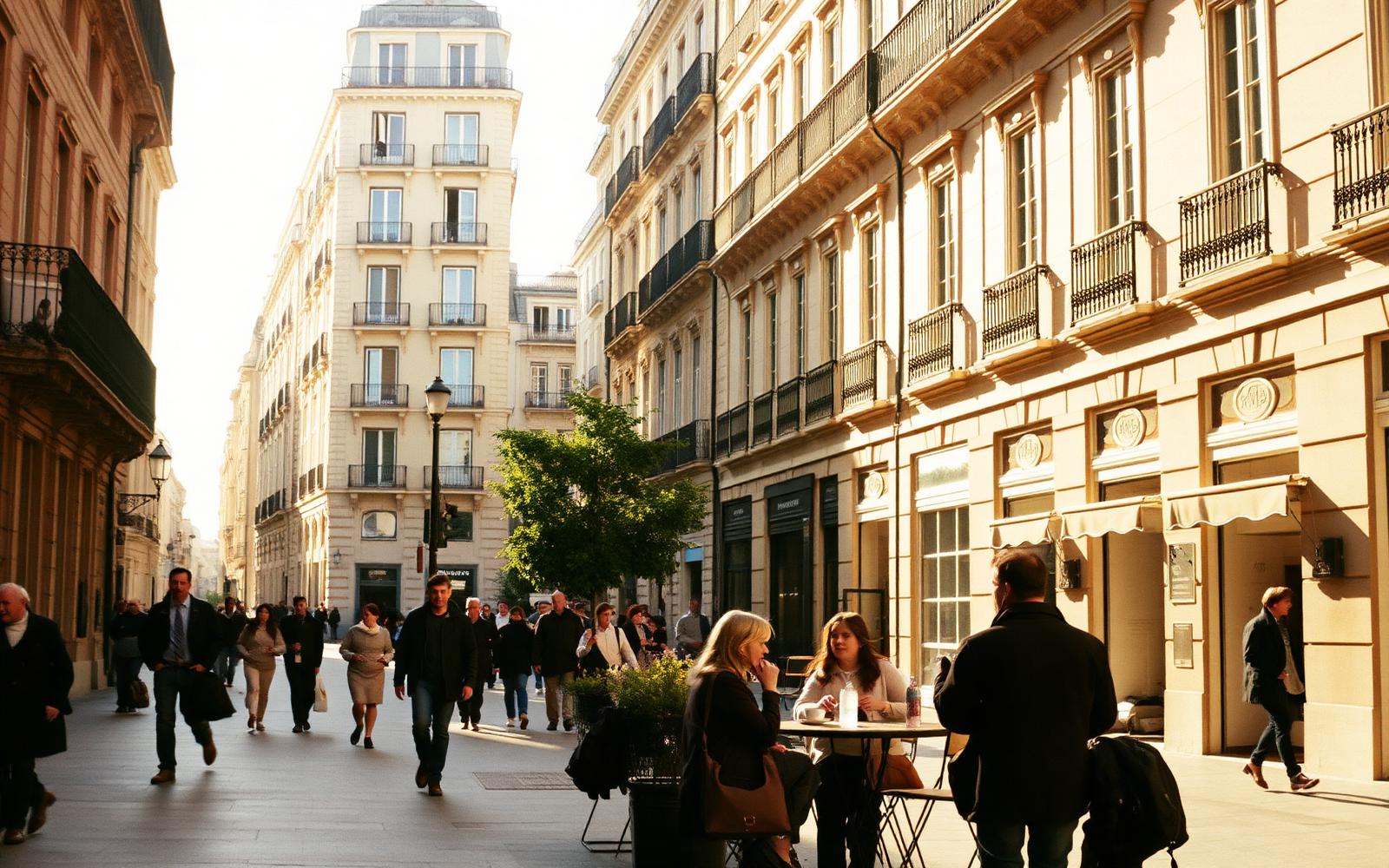 Classical Madrid facades and balconies along Gran Vía at golden hour