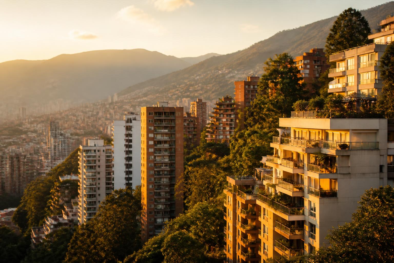 Medellín El Poblado at dusk with apartment towers and green mountains