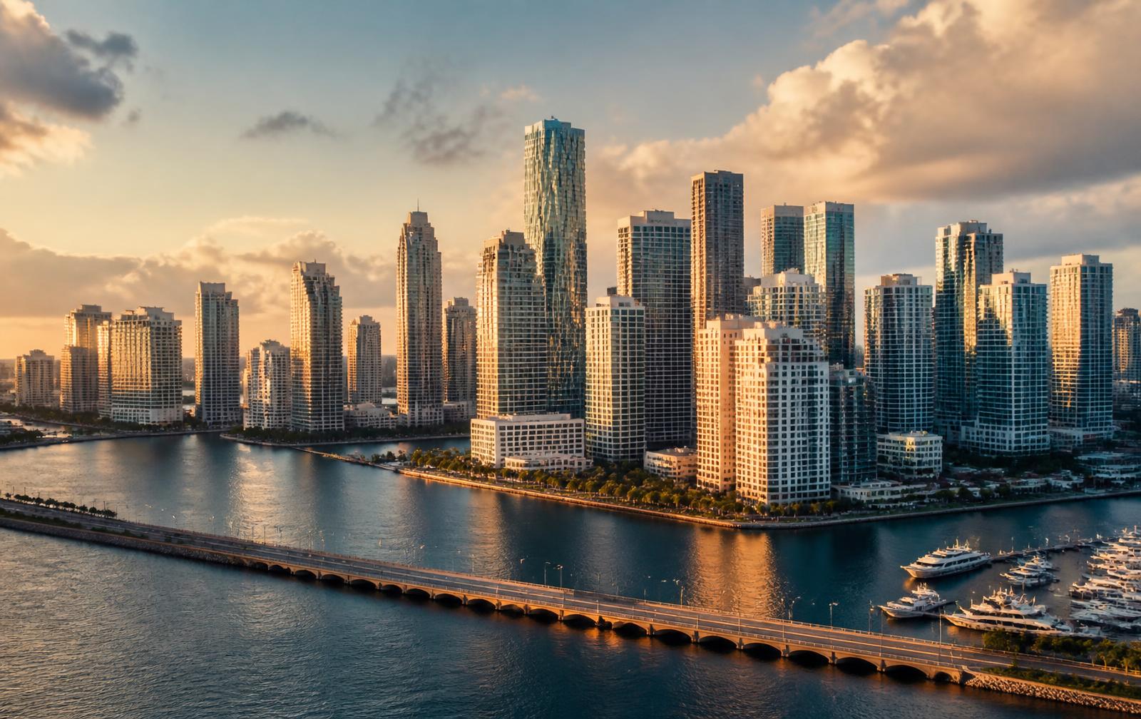 Miami skyline and Biscayne Bay at golden hour