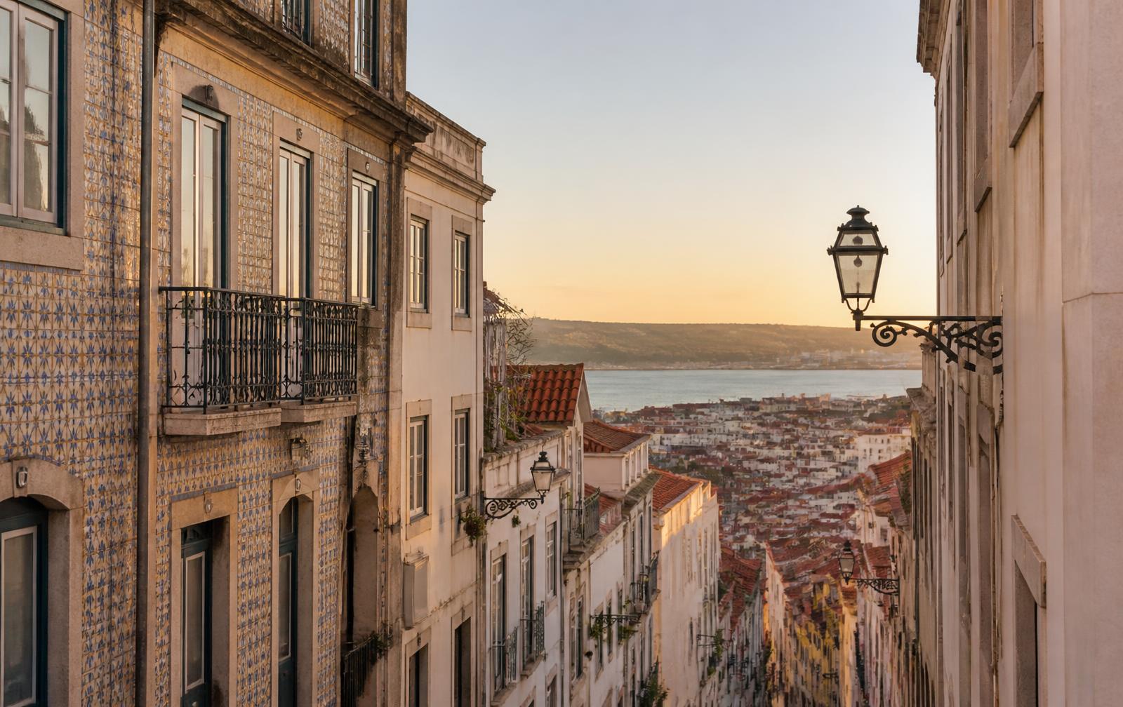 Lisbon hillside street with tiled facades and the Tagus river beyond