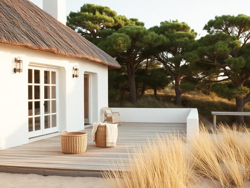 Whitewashed thatched beach house among pines in Comporta