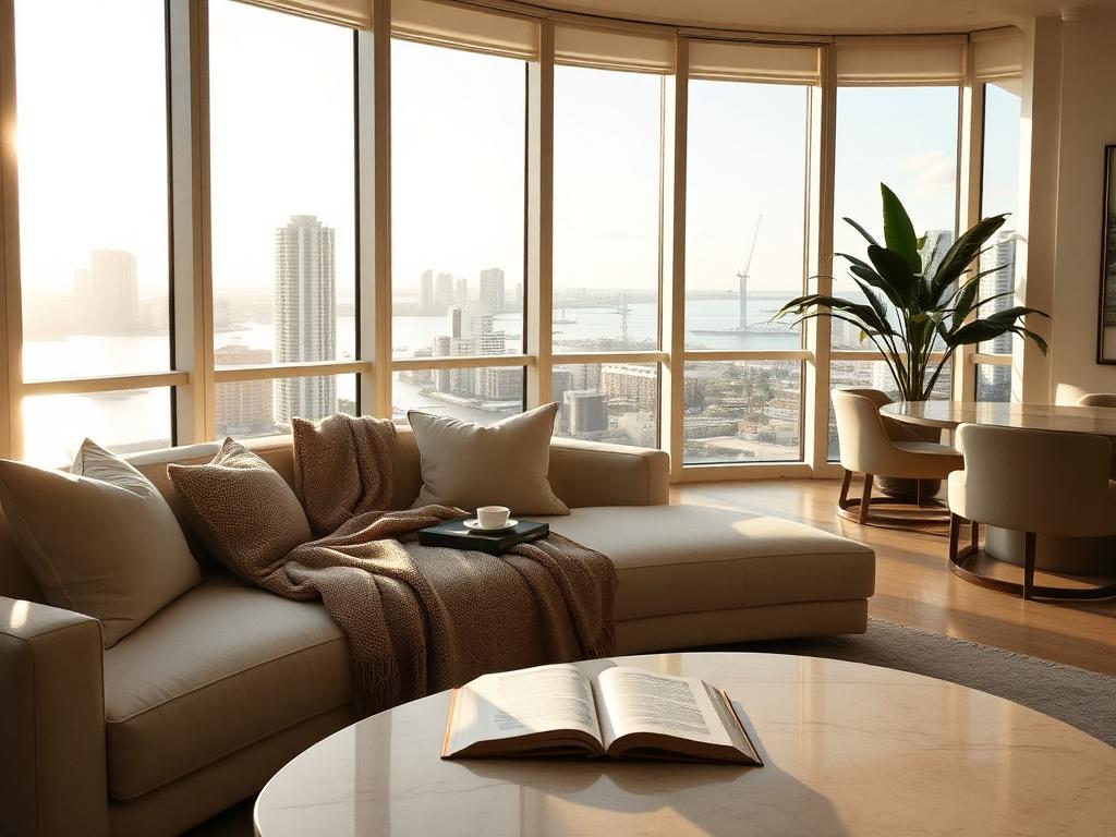 Living room of a Miami bayfront penthouse with skyline views