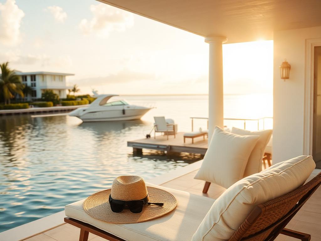 White contemporary waterfront villa in Miami Beach with private dock