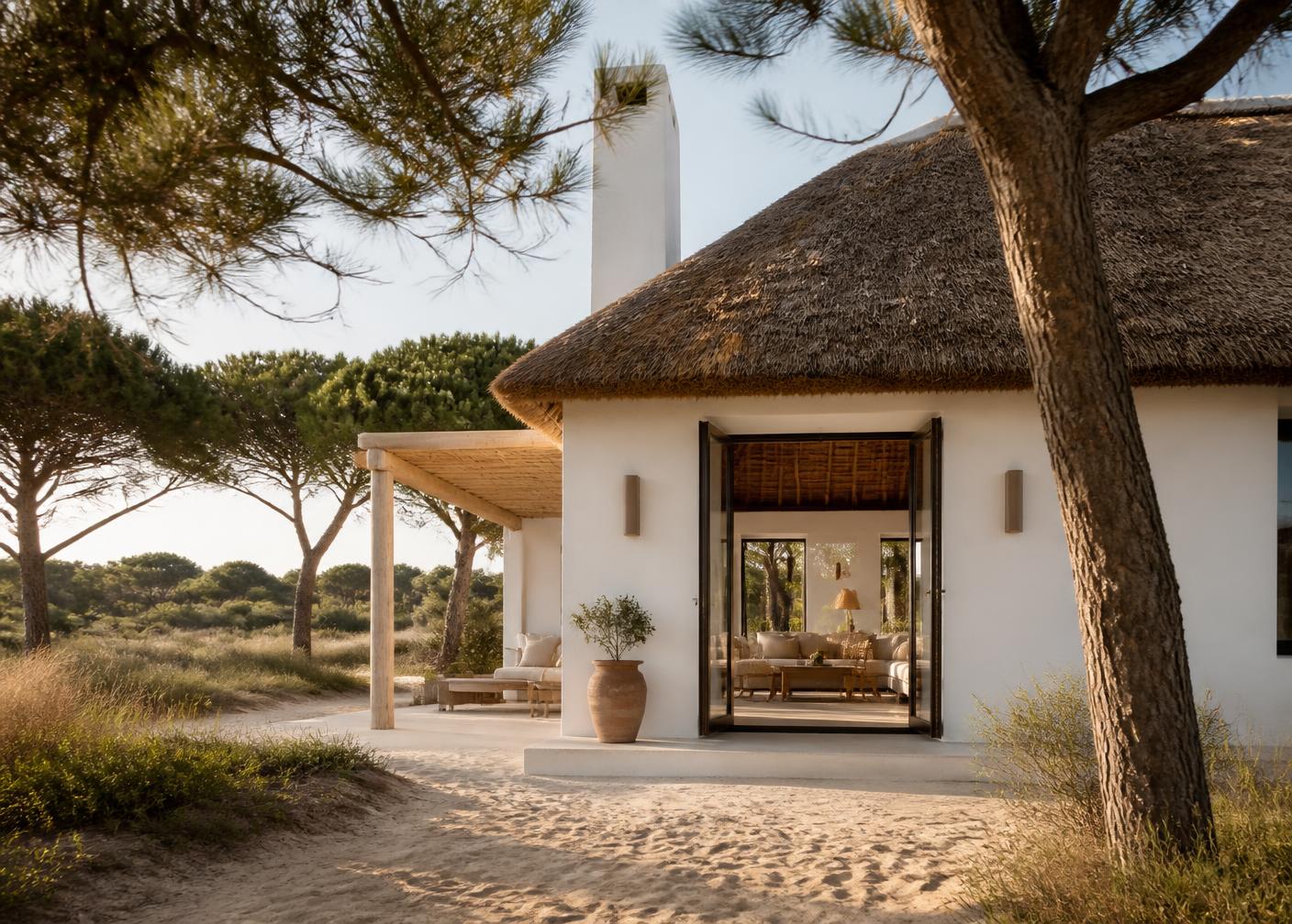 Whitewashed thatched beach house among pines in Comporta
