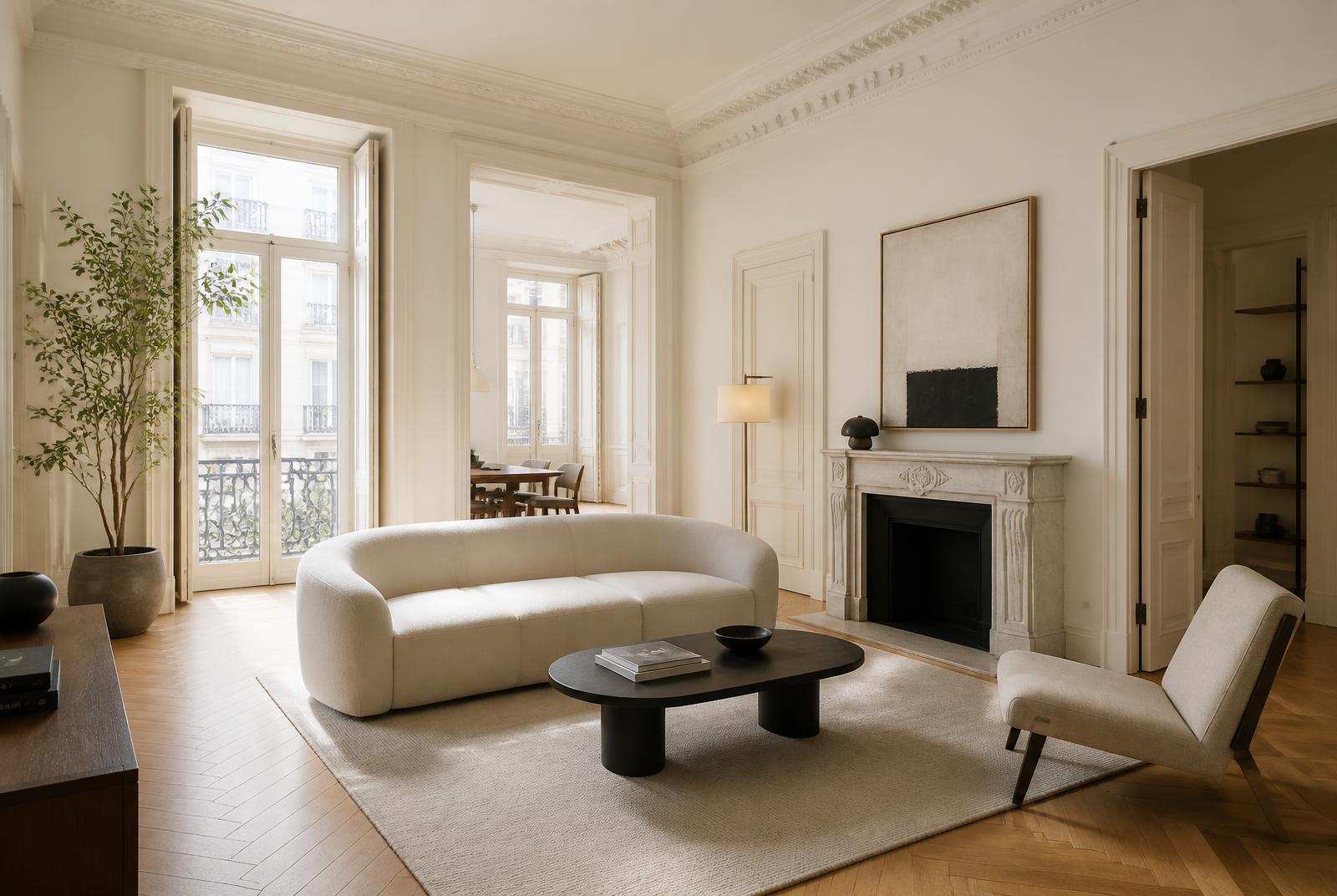 Restored classical Madrid apartment with herringbone floors and tall balcony windows