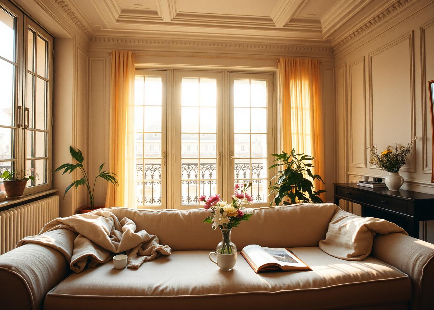 Restored classical Madrid apartment with herringbone floors and tall balcony windows