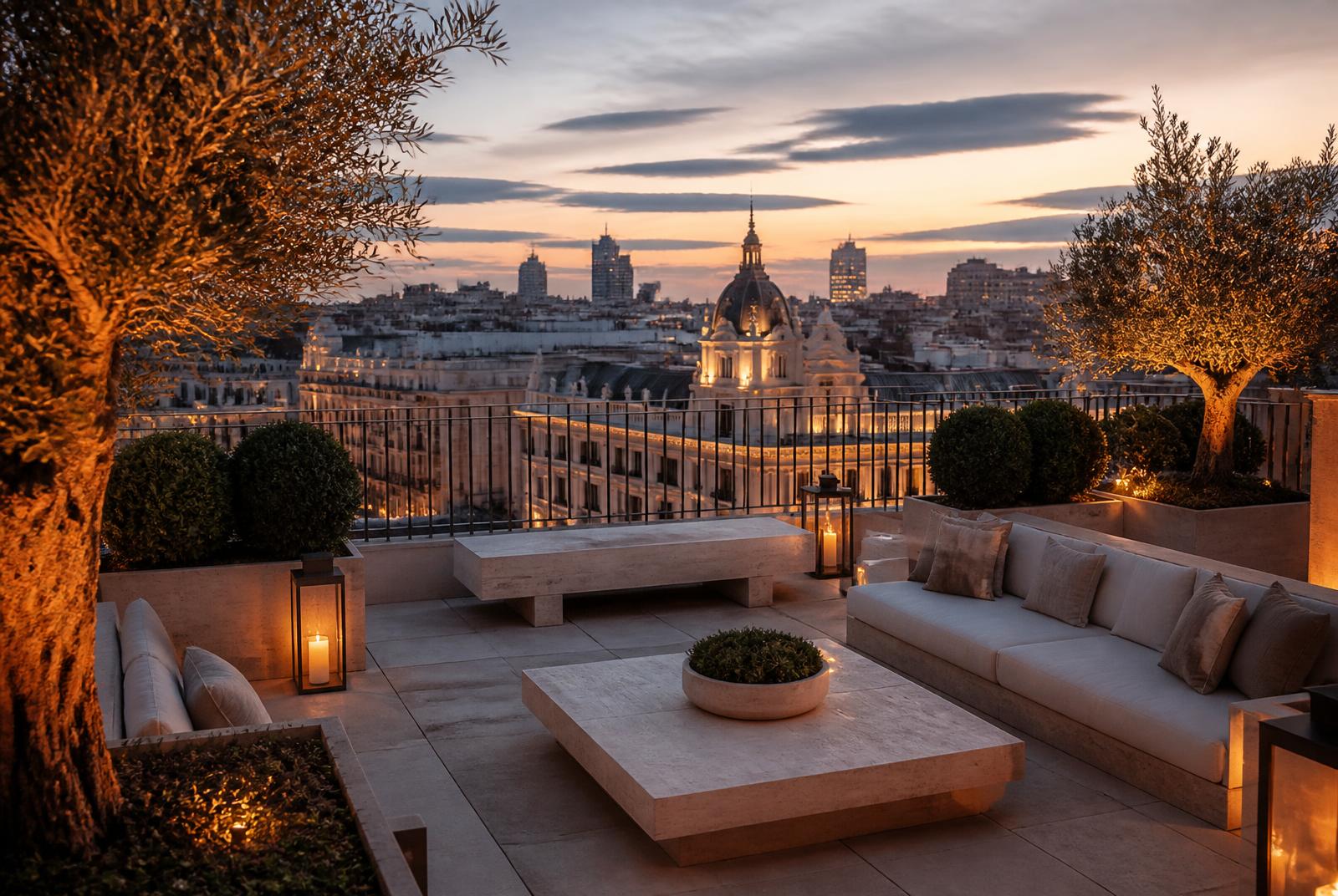 Madrid penthouse terrace at dusk with olive trees and views over classical rooftops