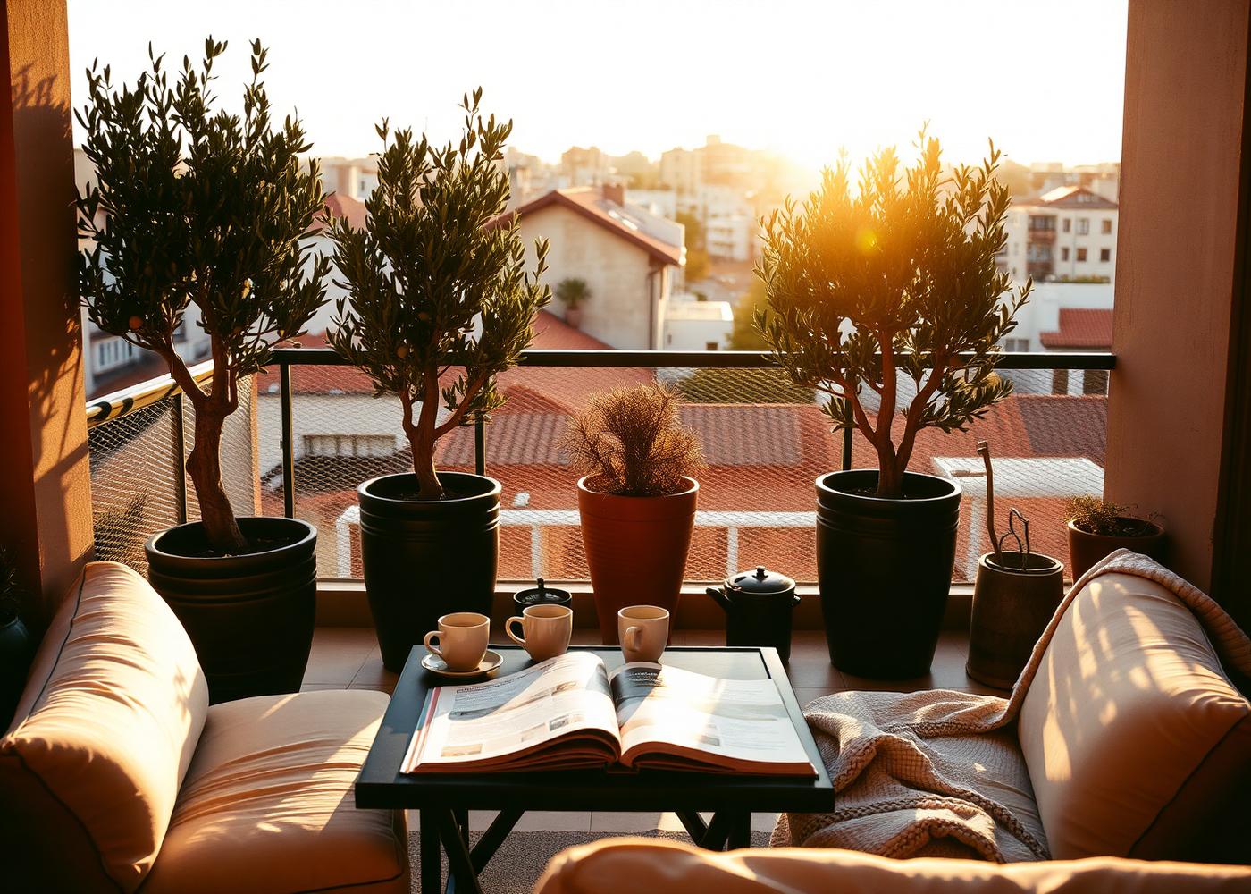 Madrid penthouse terrace at dusk with olive trees and views over classical rooftops