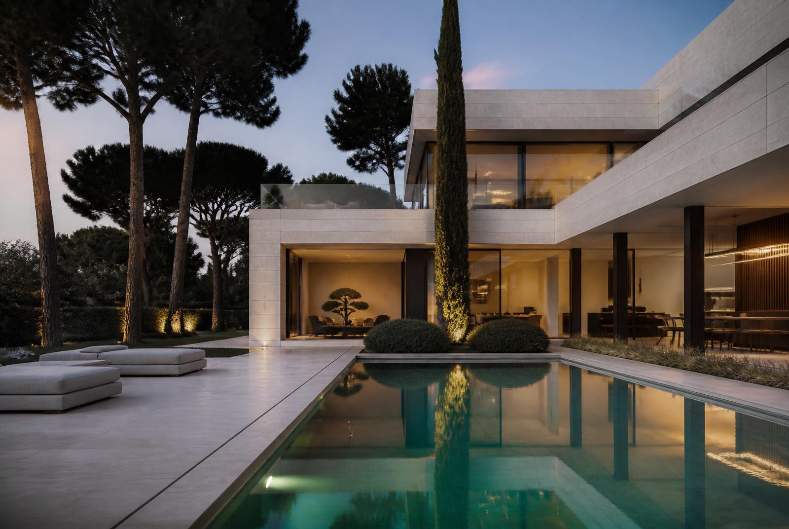 Contemporary limestone and glass villa in La Moraleja Madrid with pool and pine garden